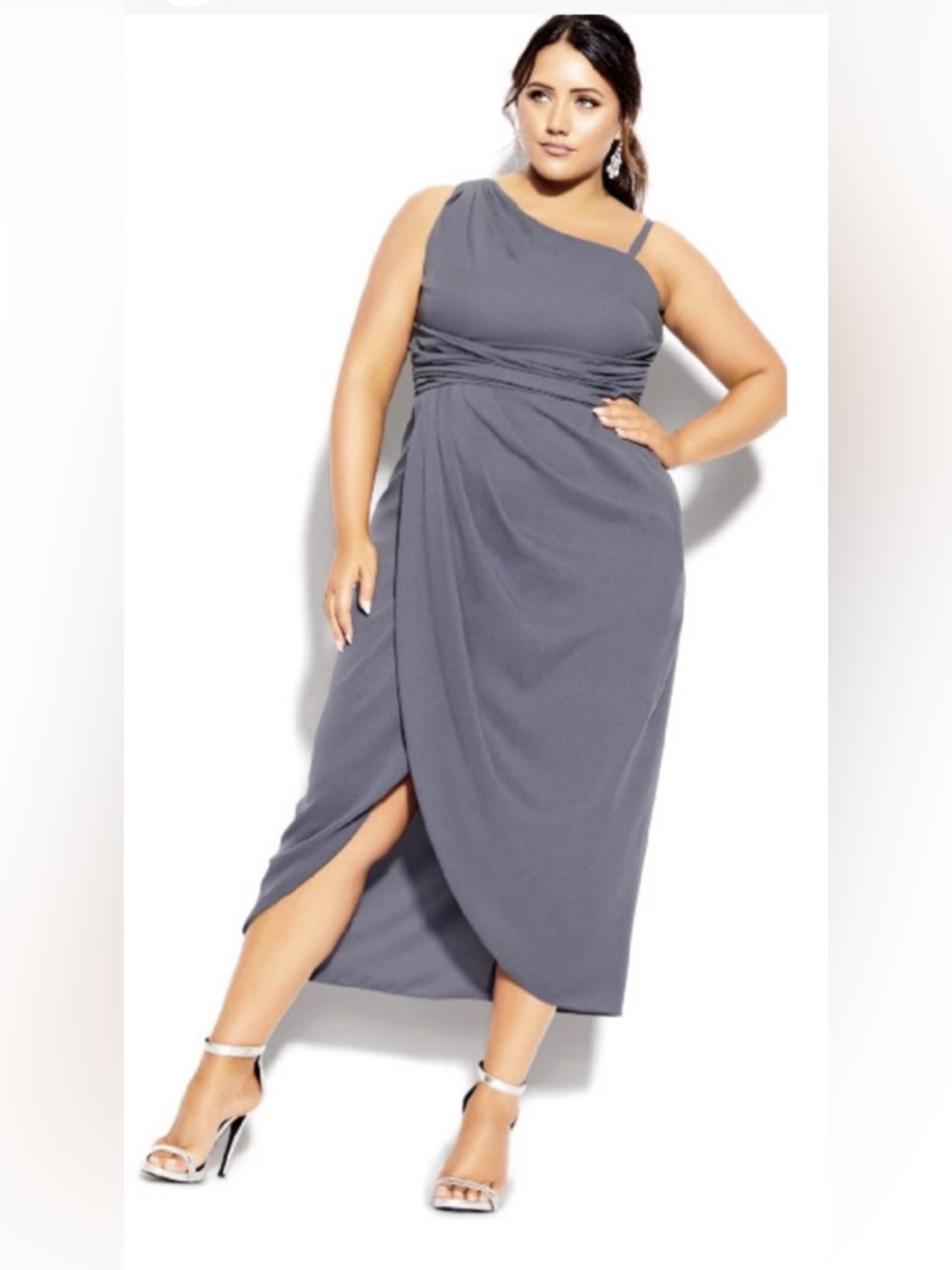 City Chic One-Shoulder Slate Gray Wrap Dress